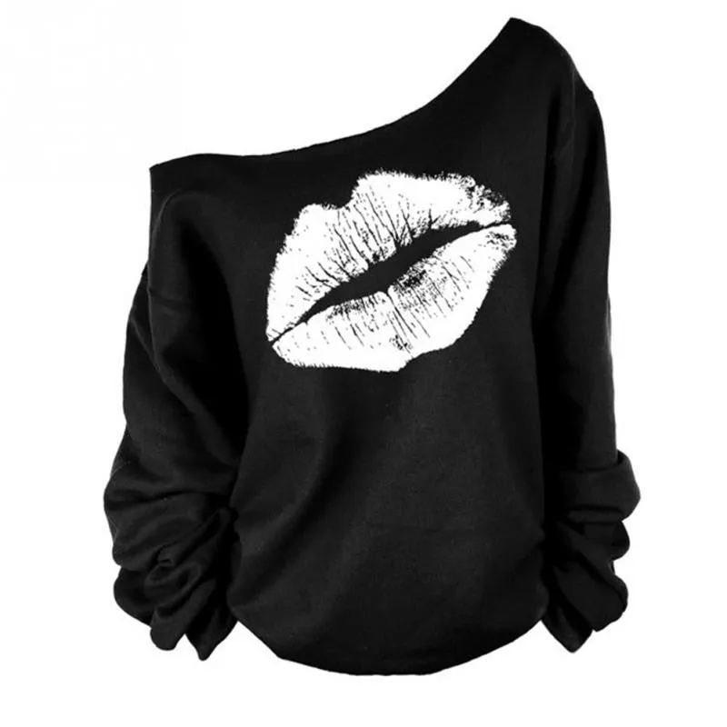 ly Design Girls Cute Sweet Style Red Lips Big Mouth Sexy Oblique Shoulder Tops Women Long Sleeve Pullover Polo Shirts