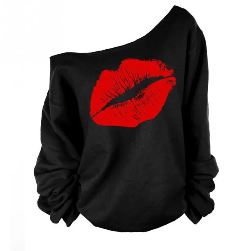 ly Design Girls Cute Sweet Style Red Lips Big Mouth Sexy Oblique Shoulder Tops Women Long Sleeve Pullover Polo Shirts