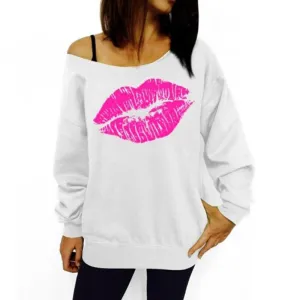 ly Design Girls Cute Sweet Style Red Lips Big Mouth Sexy Oblique Shoulder Tops Women Long Sleeve Pullover Polo Shirts