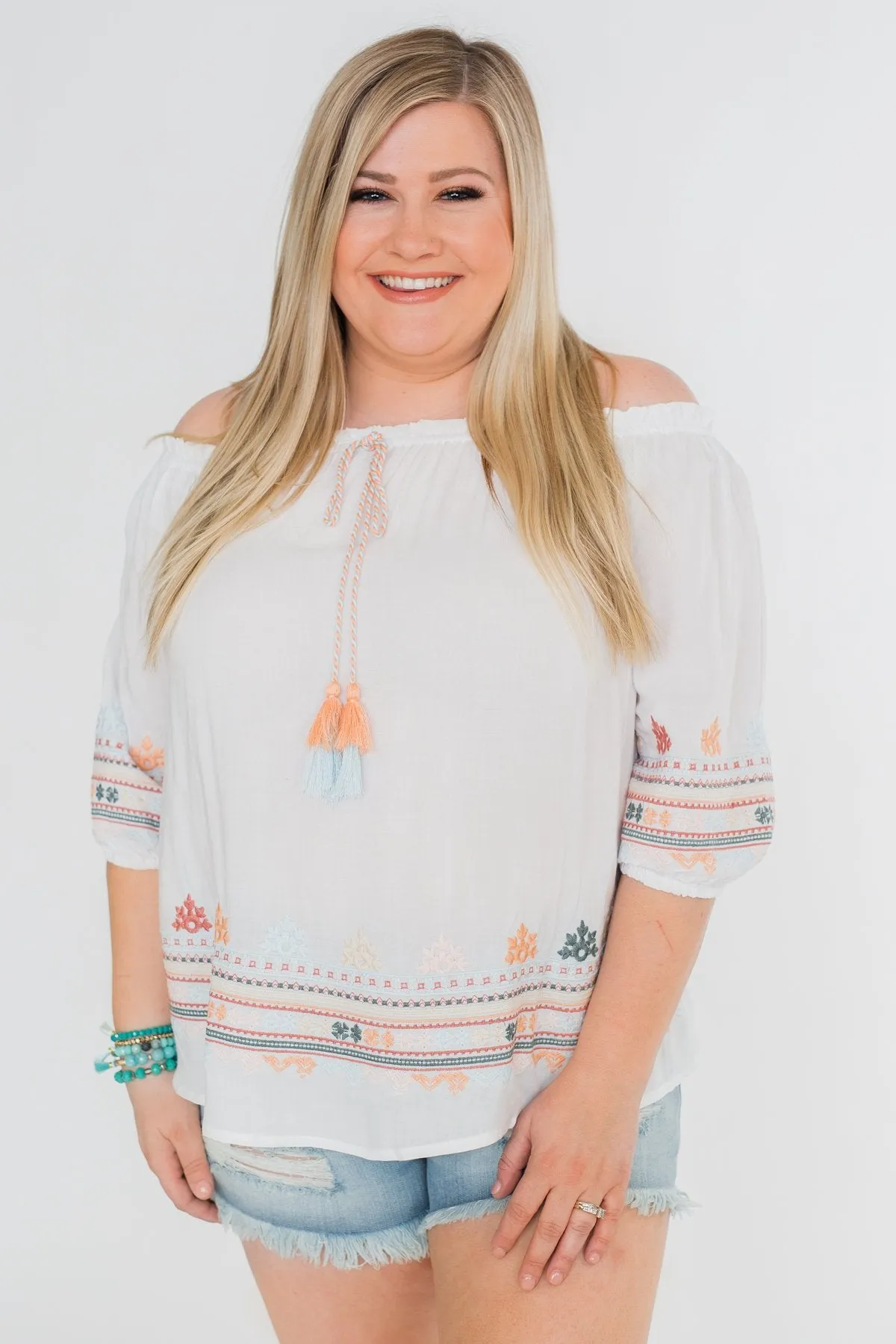 Lyric to My Heart Off The Shoulder Embroider Top- Ivory