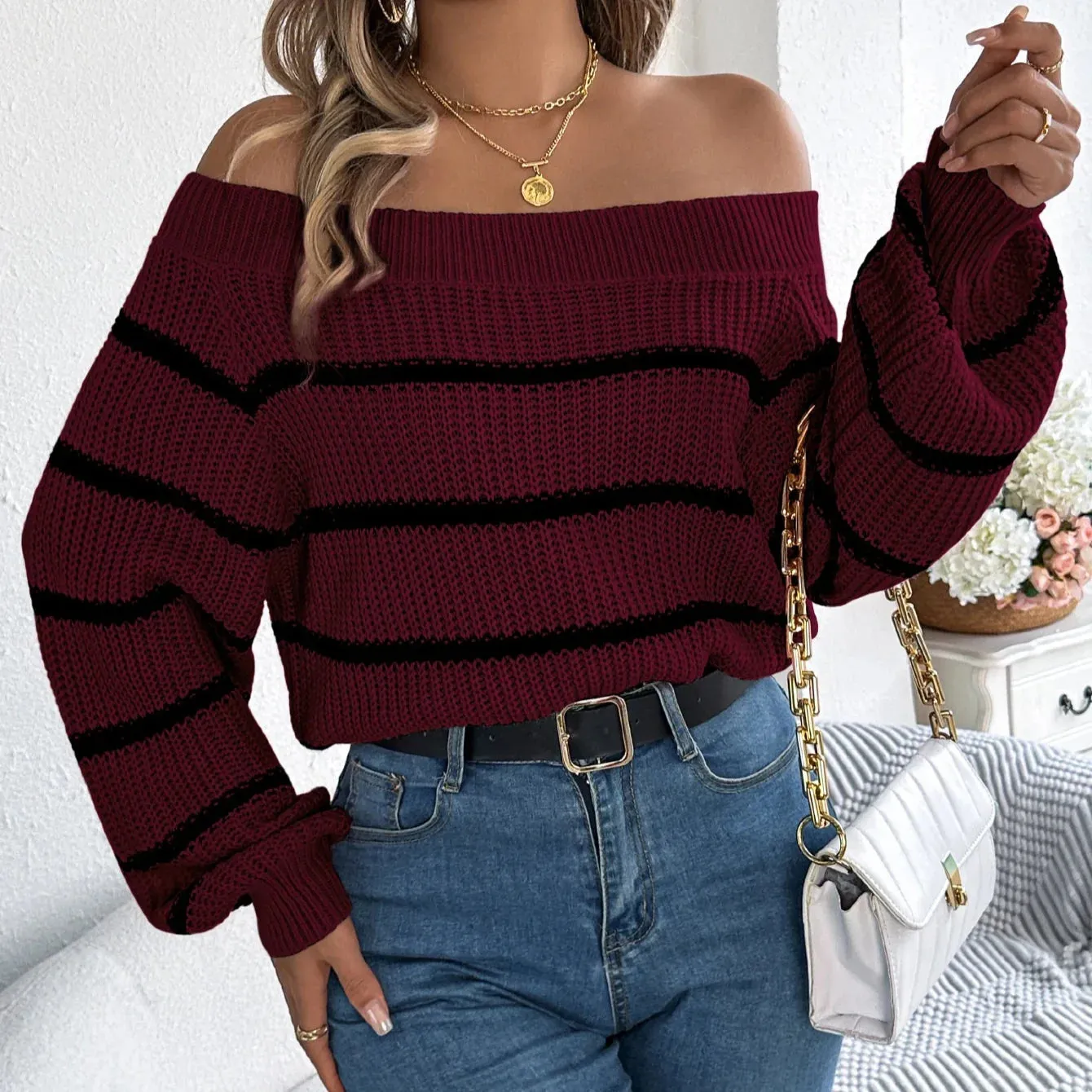 Mabel - Off Shoulder Striped Sweater