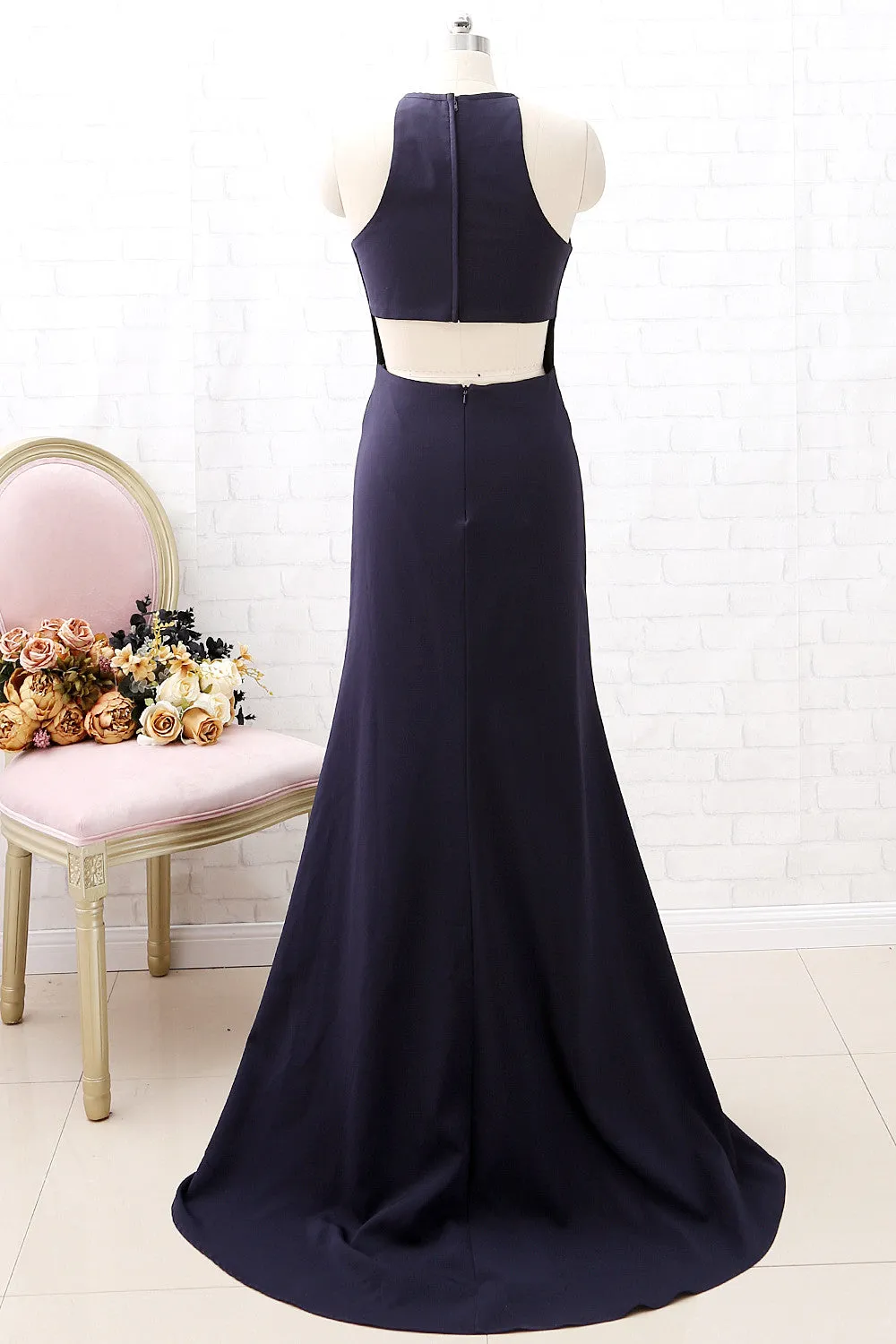 MACloth Halter O Neck Dark Navy Formal Evening Gown with Slit Simple Prom Dress