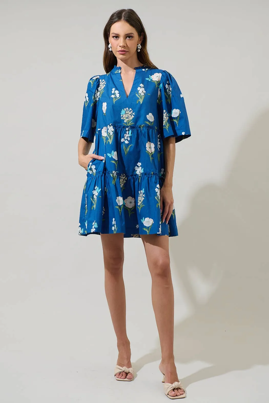 Madison Floral Dixie Split Neck Shift Dress: BLUE-WHITE-GREEN