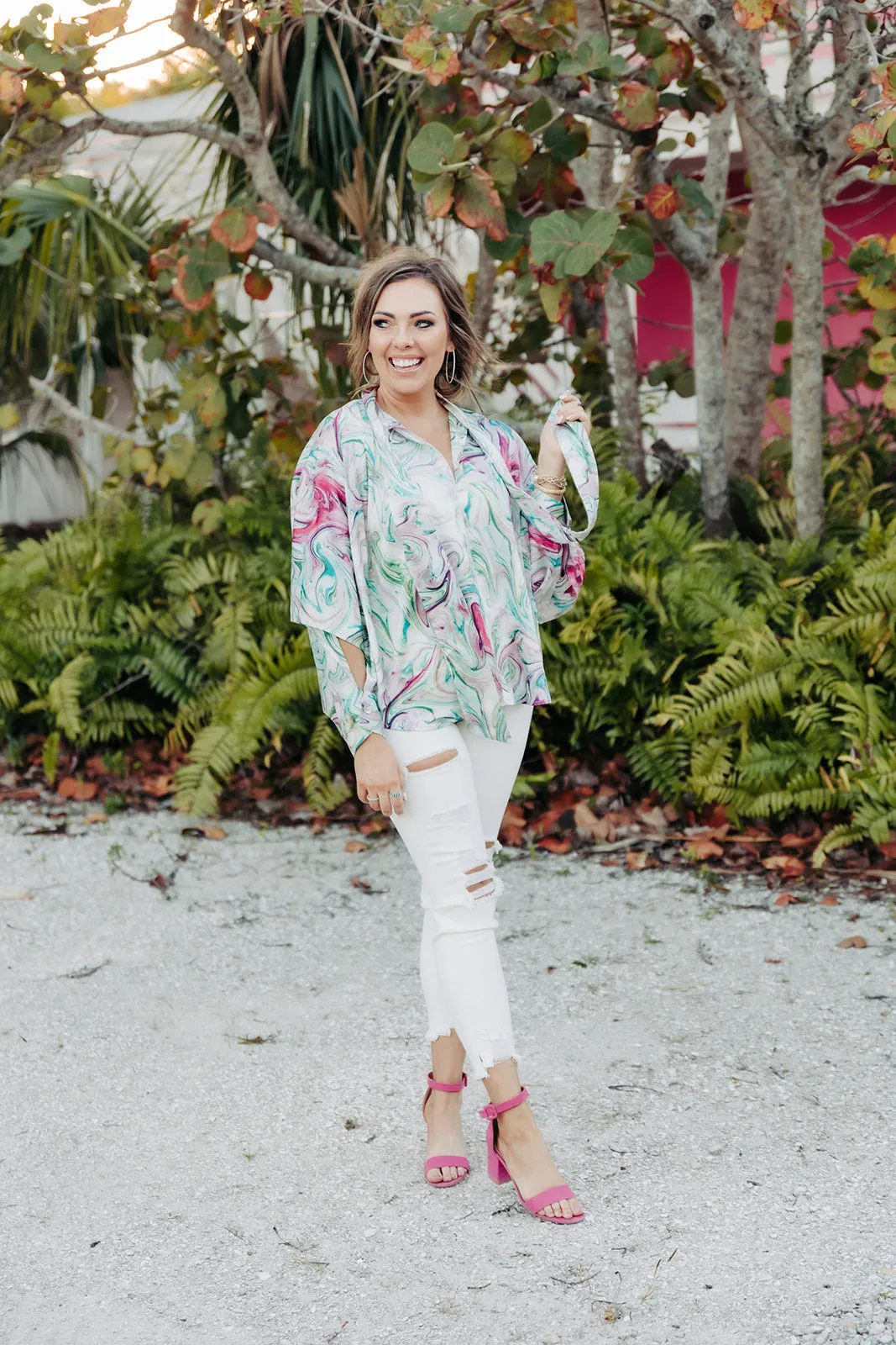 Magenta Combo Marble Satin L/S Blouse