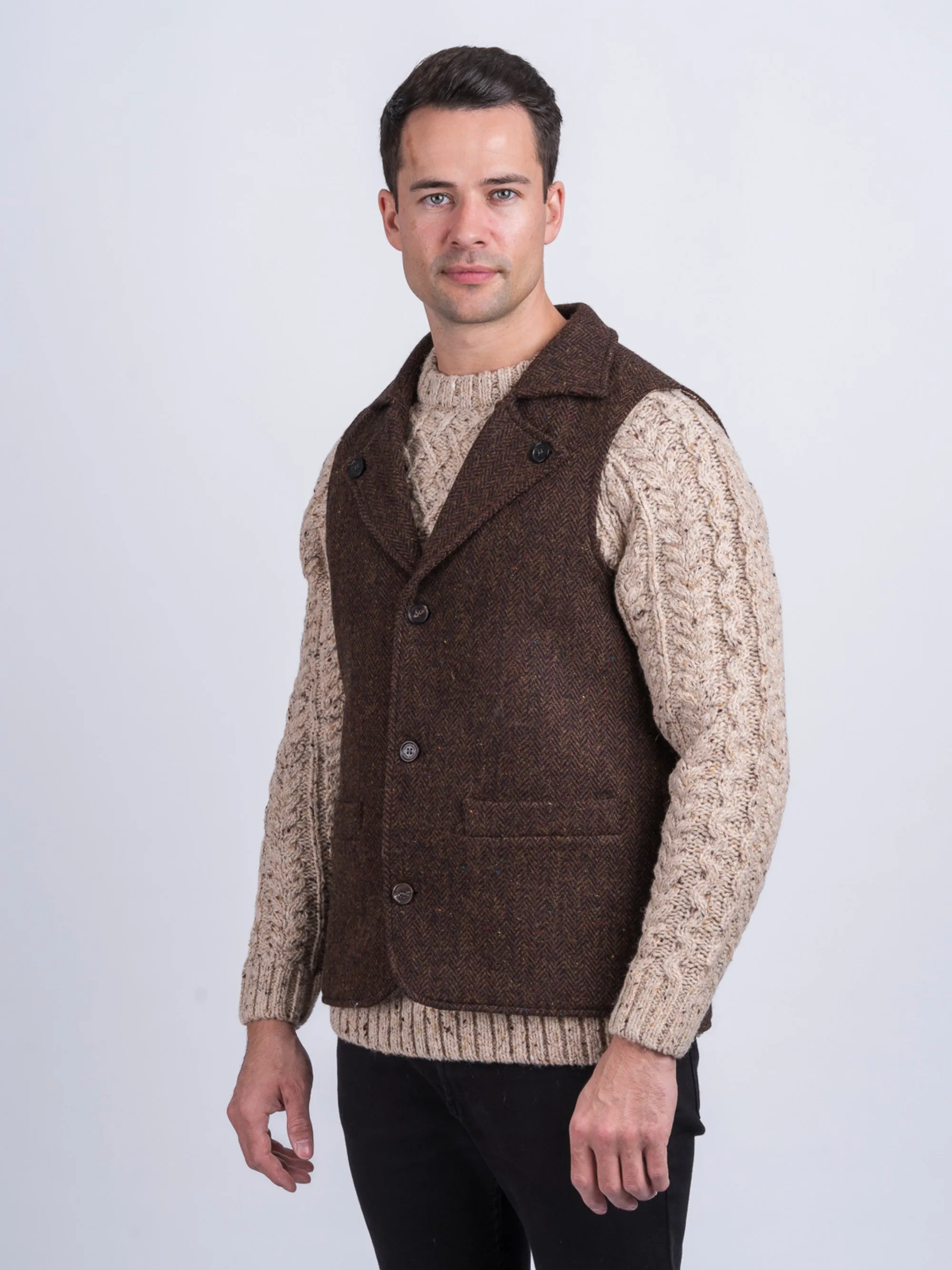 Man Of Aran Brown Herringbone Tweed Waistcoat & Vest