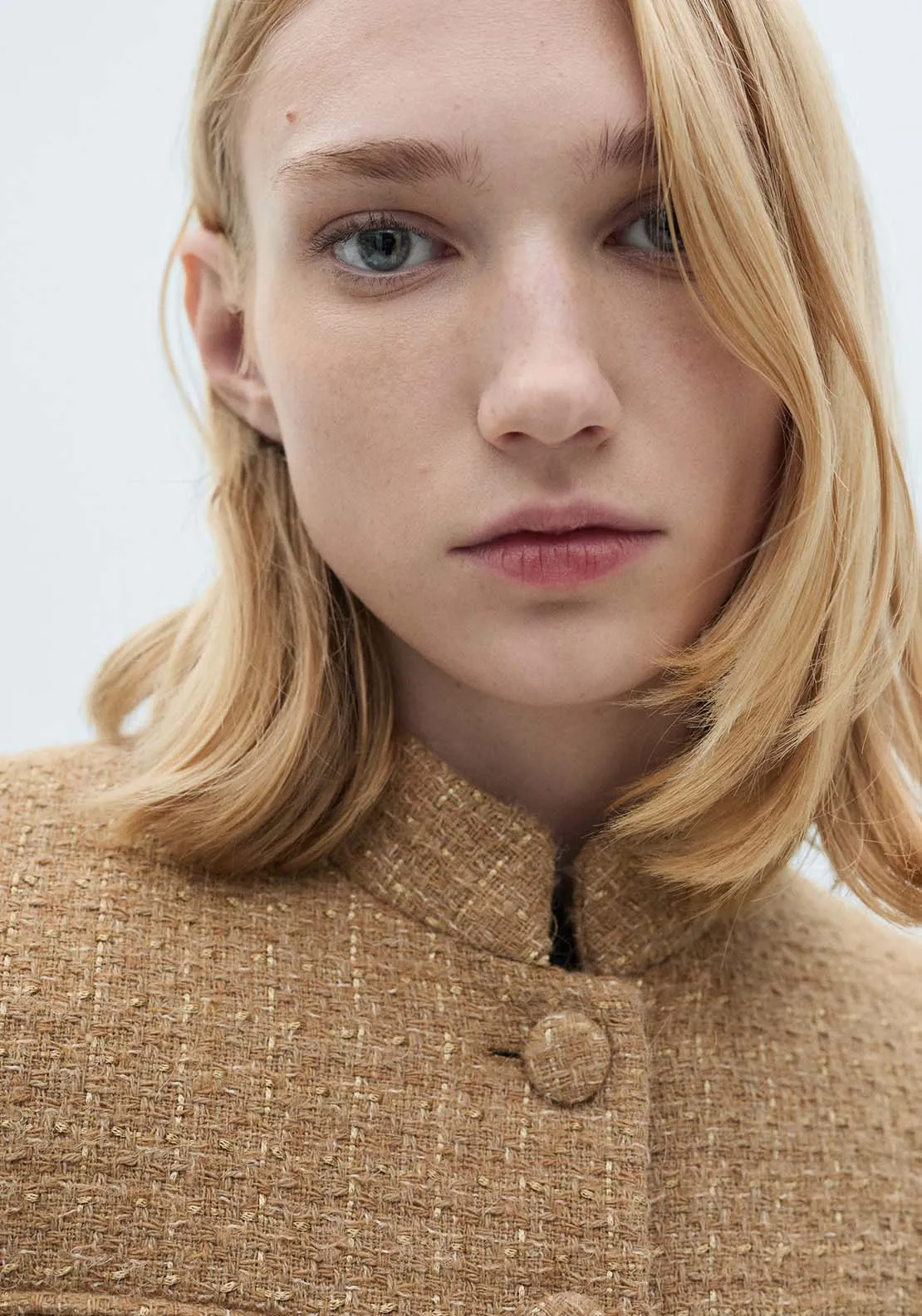 Mandarin collar tweed jacket - Medium Brown