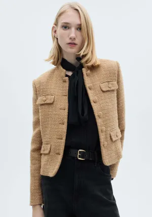 Mandarin collar tweed jacket - Medium Brown