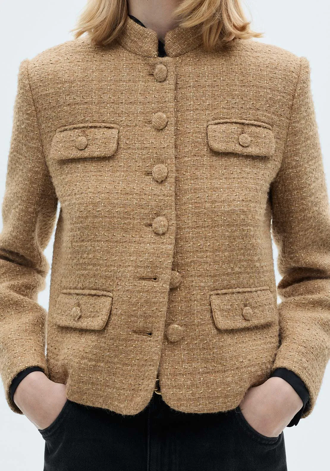 Mandarin collar tweed jacket - Medium Brown