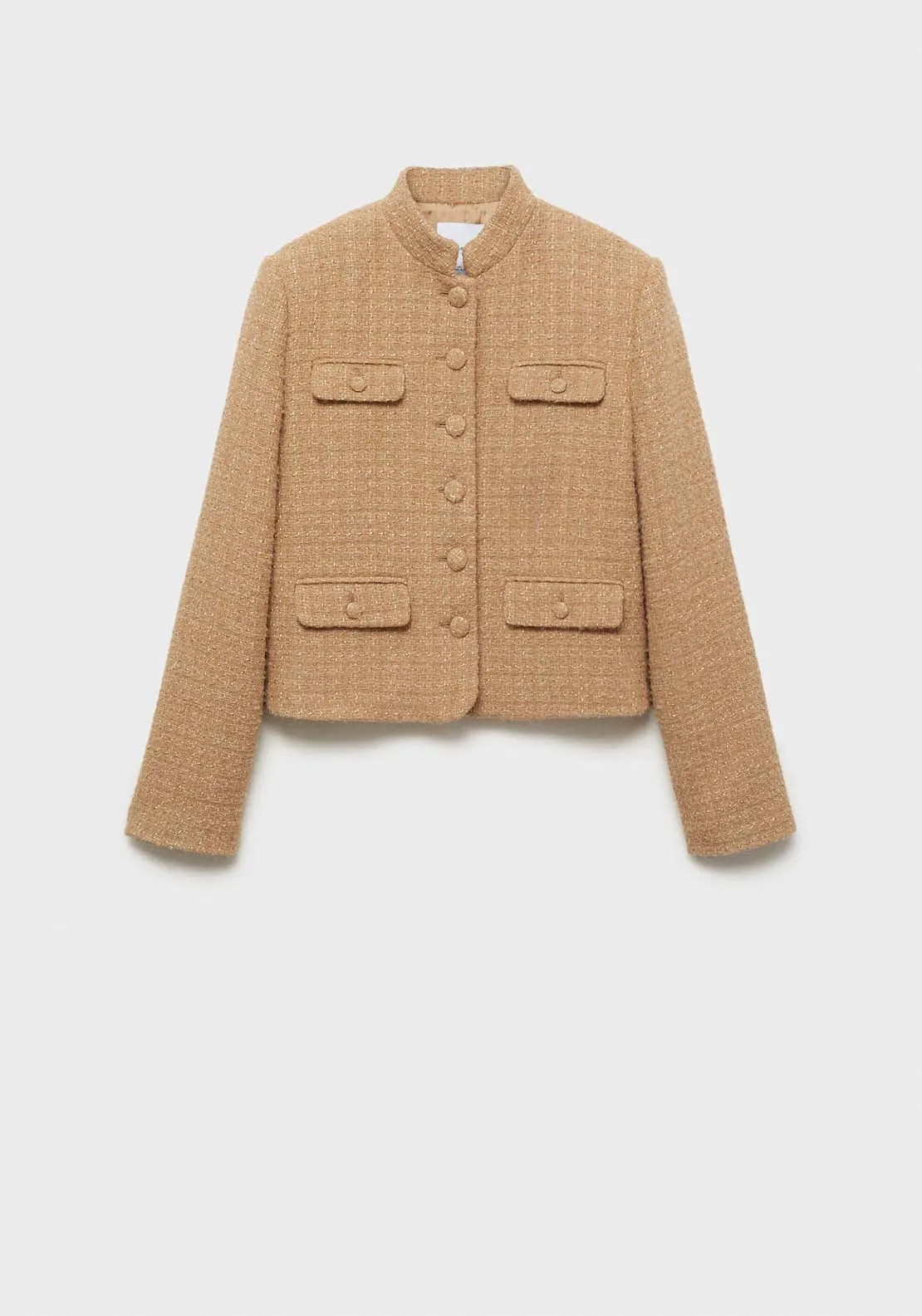 Mandarin collar tweed jacket - Medium Brown