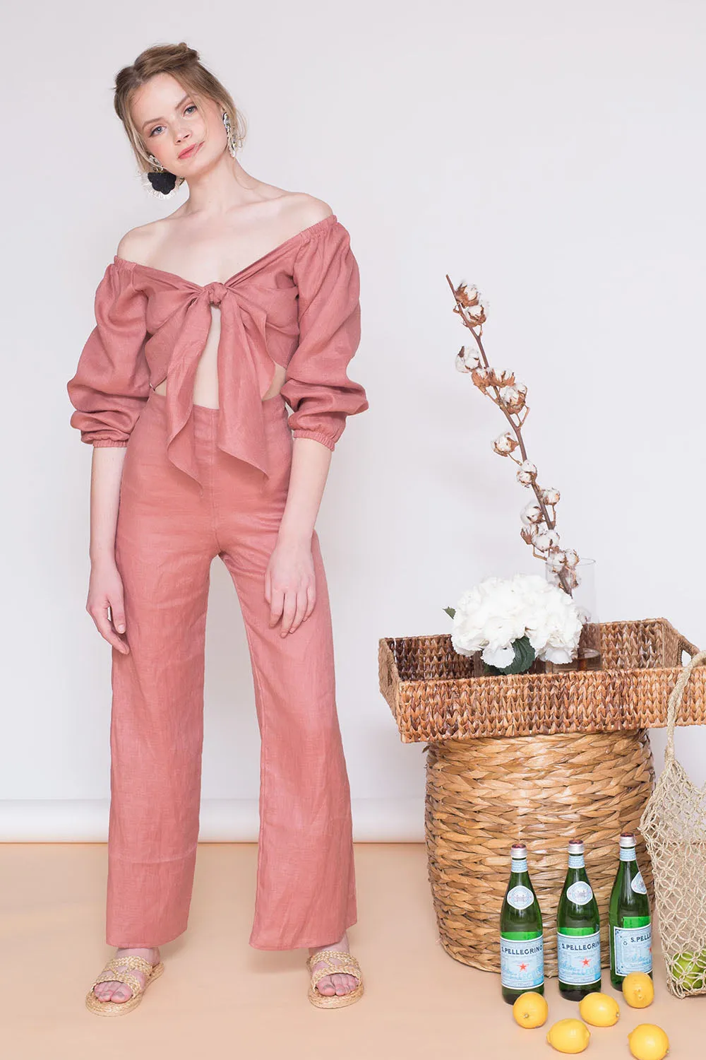 MARRAKESH Off Shoulder Sleeve Top with Tie front (Old Rose Crepe)