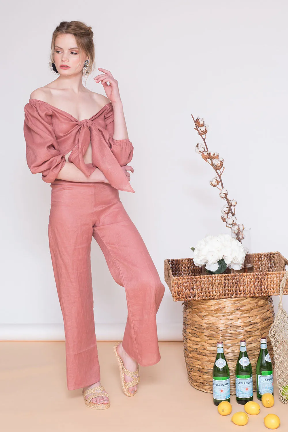 MARRAKESH Off Shoulder Sleeve Top with Tie front (Old Rose Crepe)