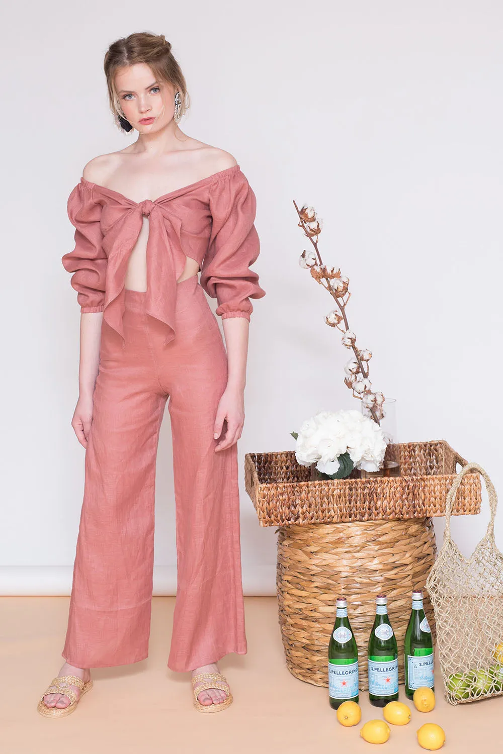MARRAKESH Off Shoulder Sleeve Top with Tie front (Old Rose Crepe)