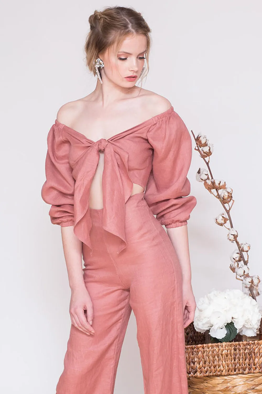 MARRAKESH Off Shoulder Sleeve Top with Tie front (Old Rose Crepe)