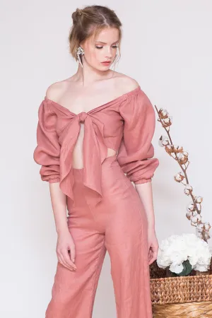 MARRAKESH Off Shoulder Sleeve Top with Tie front (Old Rose Crepe)