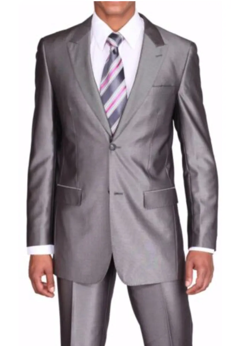 Mens 2 Button Peak Lapel Shiny Sharkskin Suit in Charcoal