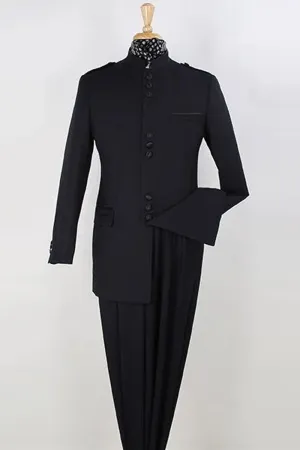 Mens Classic Military Banded Collar Mandarin Safari Suit in Black