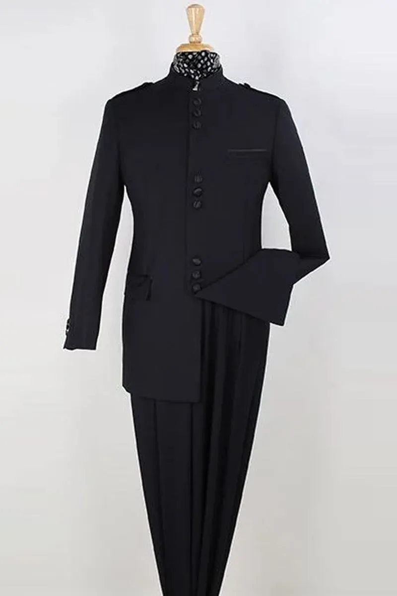 Mens Classic Military Banded Collar Mandarin Safari Suit in Black