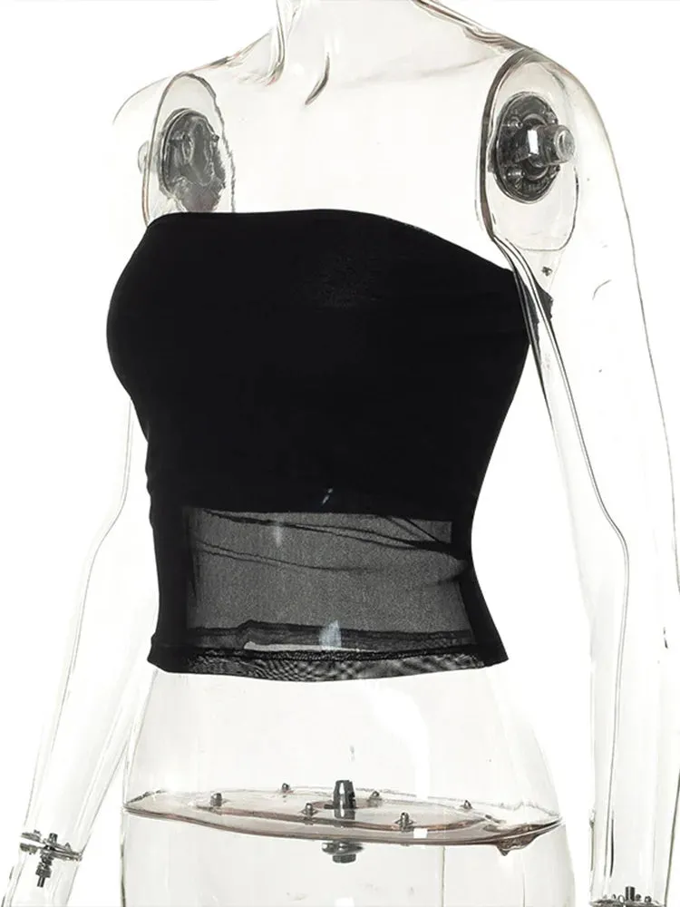Mesh Corset Black Crop Top Women Patchwork Tube Top Sexy Sleeveless Off Shoulder Summer Slim Tops