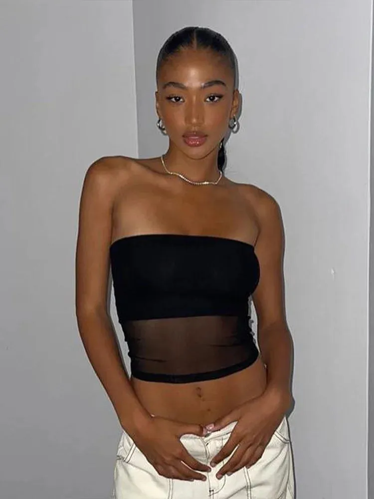 Mesh Corset Black Crop Top Women Patchwork Tube Top Sexy Sleeveless Off Shoulder Summer Slim Tops