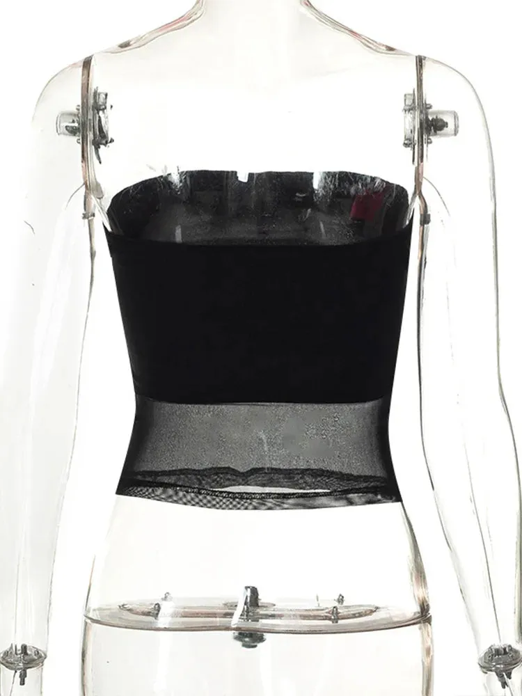 Mesh Corset Black Crop Top Women Patchwork Tube Top Sexy Sleeveless Off Shoulder Summer Slim Tops
