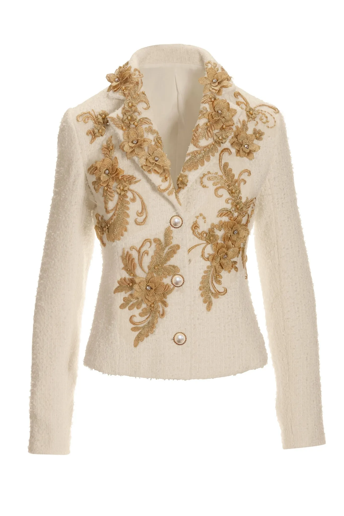 Metallic Floral Appliqu Tweed Parisian Jacket Off White/Gold