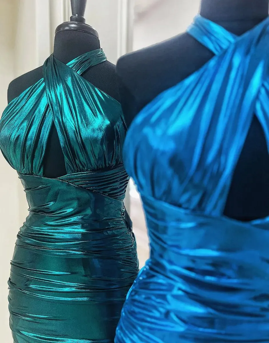 Metallic Halter Tight Satin Homecoming Dresses