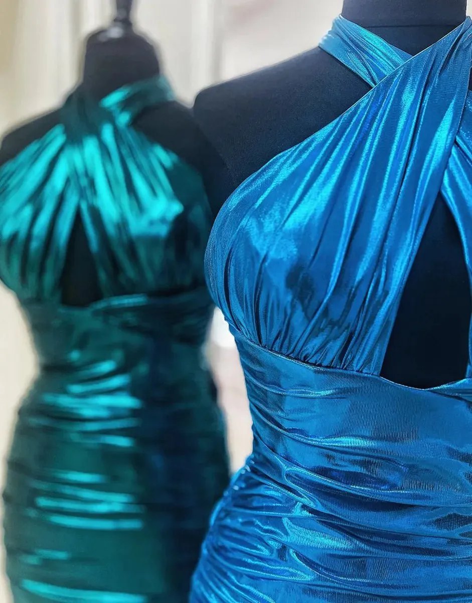 Metallic Halter Tight Satin Homecoming Dresses