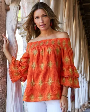 Metallic Off-The-Shoulder Tiered-Sleeve Blouse Firecracker