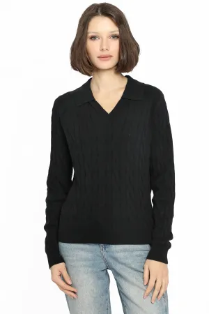 Minnie Rose V Neck Cable Collared Sweater