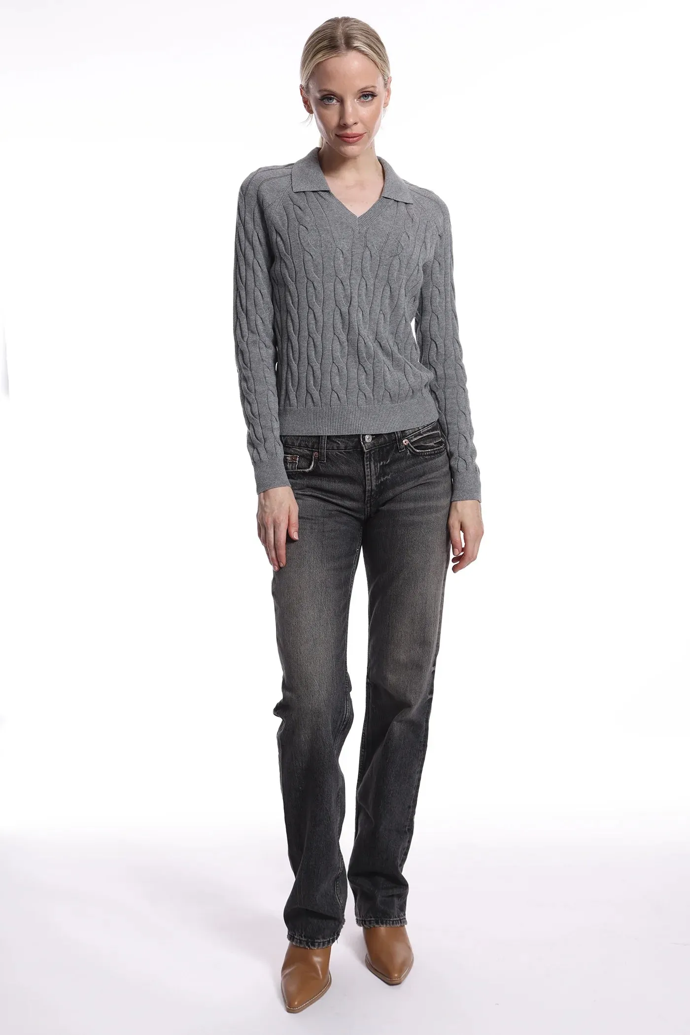 Minnie Rose V Neck Cable Collared Sweater