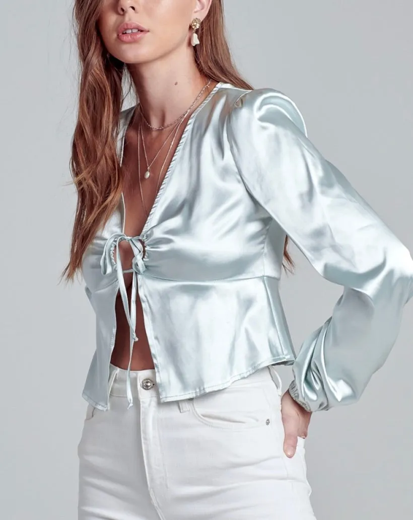 Mint Satin Long Sleeve Open Tie Top
