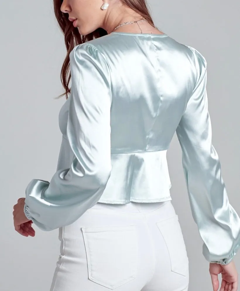 Mint Satin Long Sleeve Open Tie Top