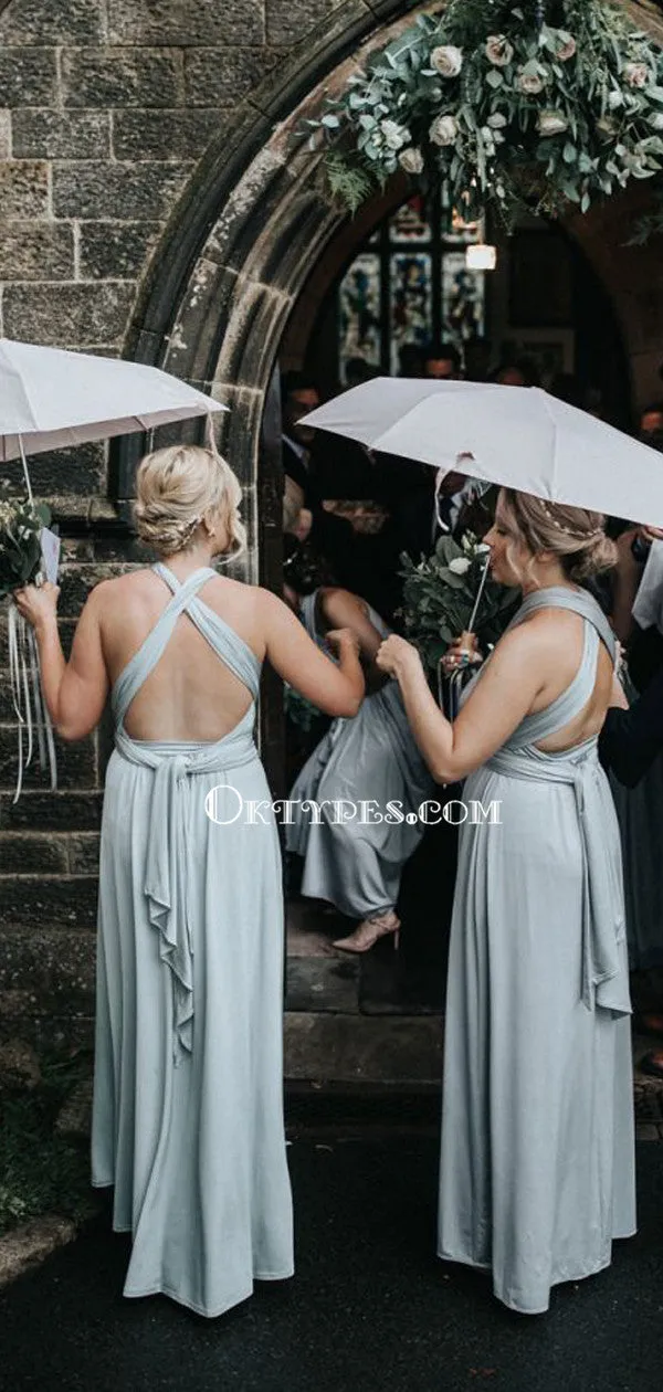 Mismatched Halter Light Blue A-line Long Cheap Bridesmaid Dresses, BDS0091
