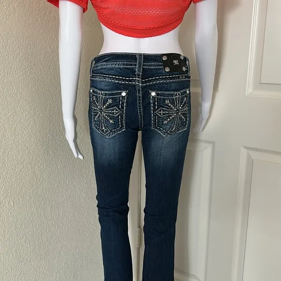 Miss Me Dark wash jeans cross embellishments signature rise boot cut jeans - 27