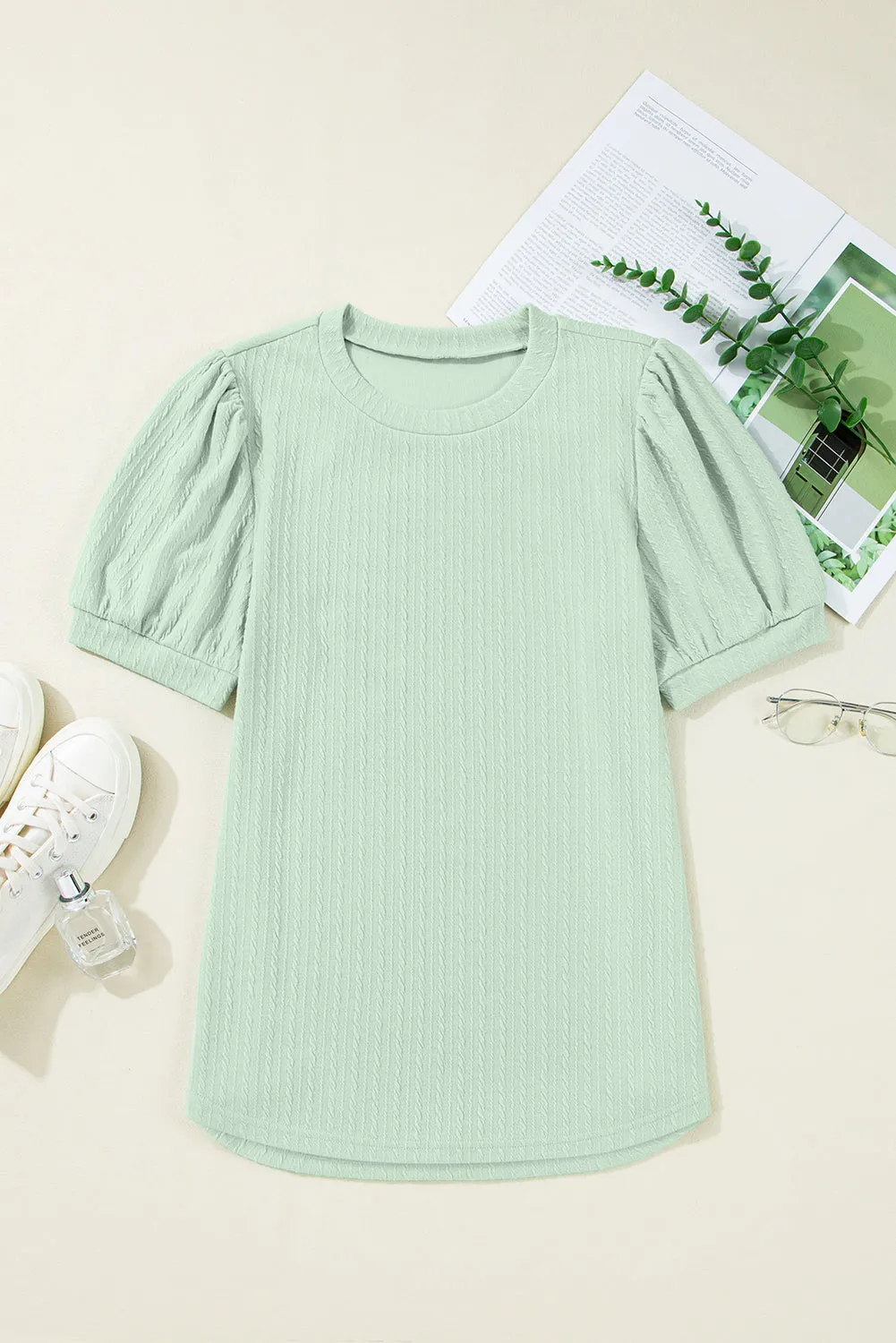 Mist Green Textured Round Neck Short Puff Sleeve Top