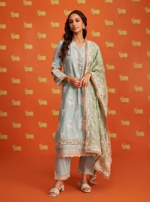 Mulmul Pima Satin Nalin Light Blue Kurta With Mulmul Pima Satin Nalin Light Blue Pant