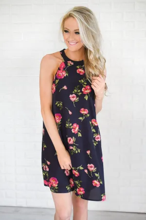Navy & Floral Halter Dress