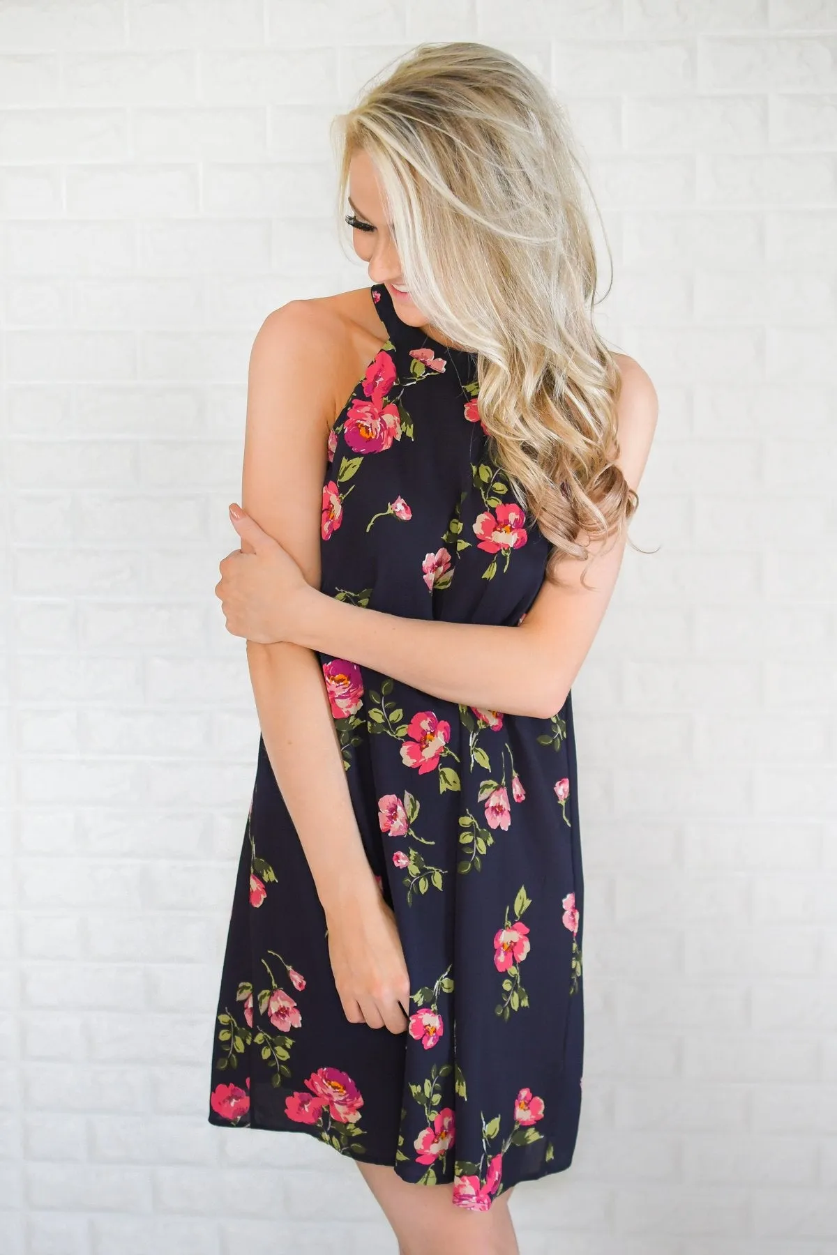 Navy & Floral Halter Dress