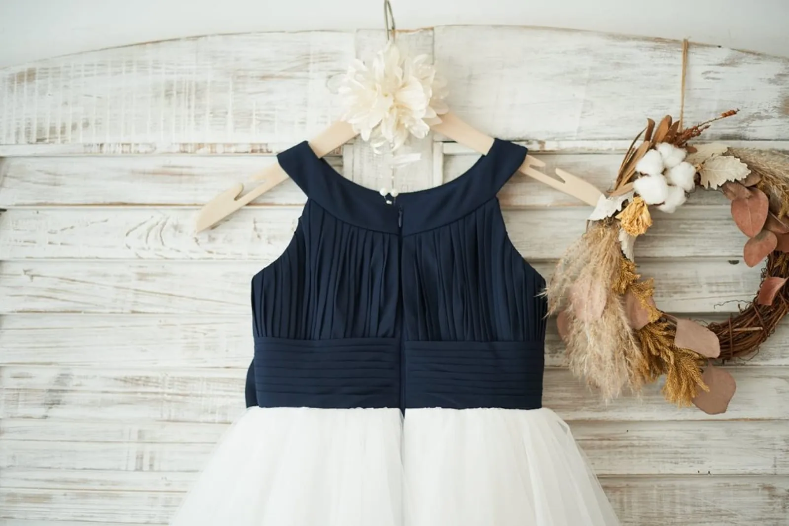 Navy Blue Chiffon Ivory Tulle Halter Neck Wedding Flower Girl Dress, Bow