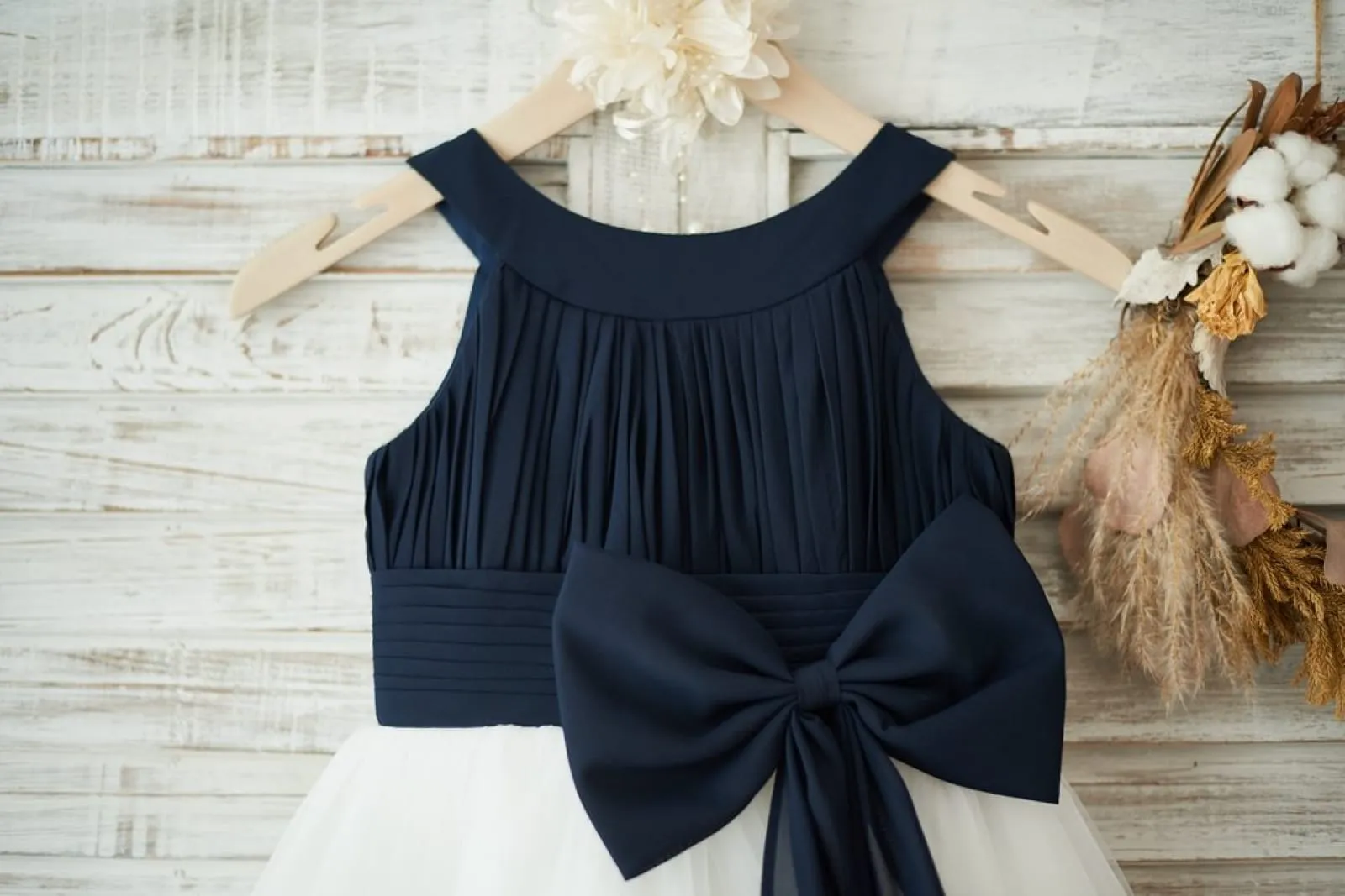Navy Blue Chiffon Ivory Tulle Halter Neck Wedding Flower Girl Dress, Bow