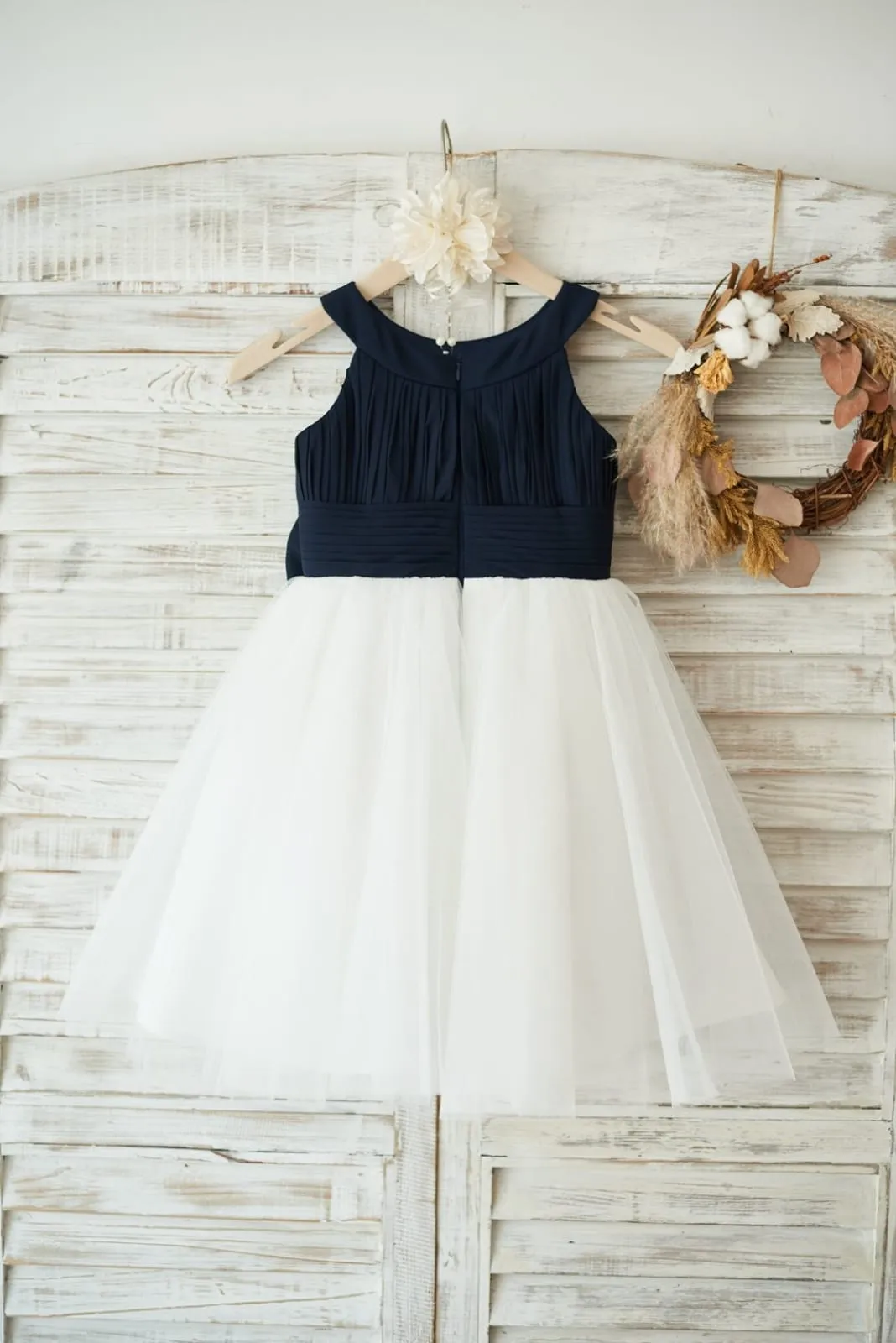 Navy Blue Chiffon Ivory Tulle Halter Neck Wedding Flower Girl Dress, Bow