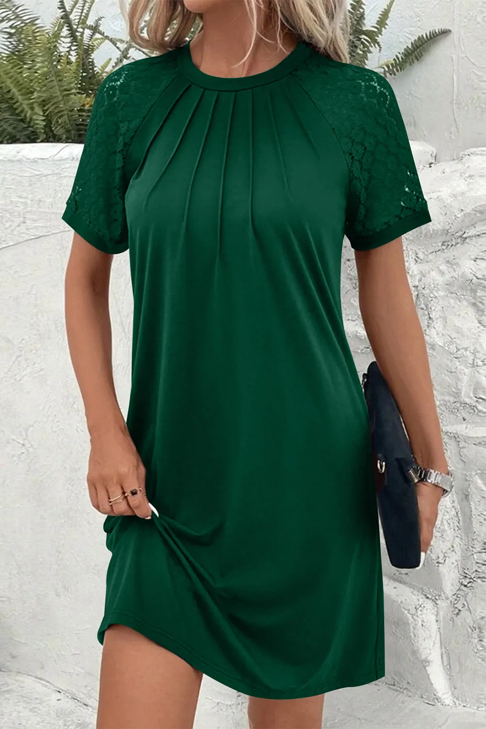 Navy Blue Contrast Lace Raglan Sleeve Pleated Detail Shift Dress