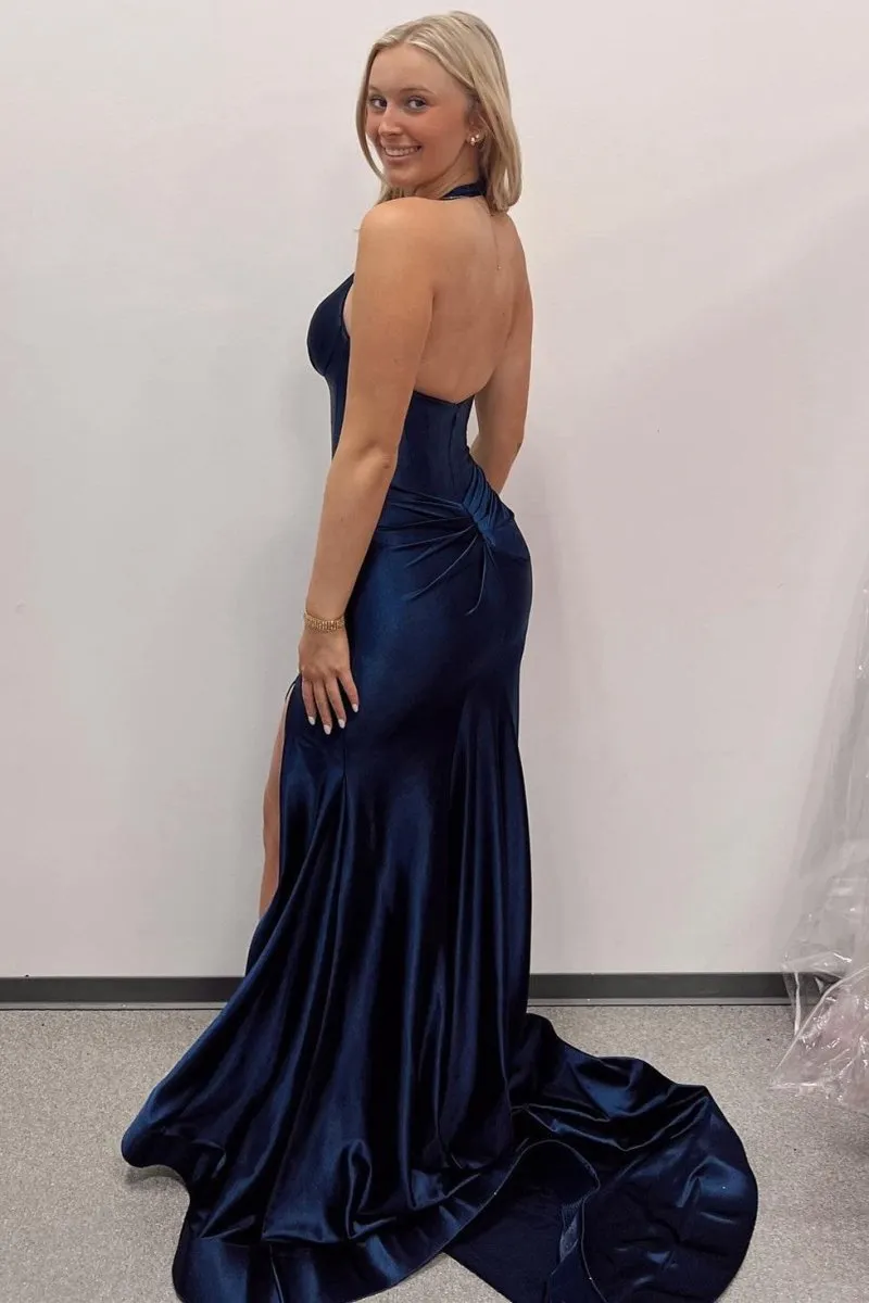 Navy Halter Corset Mermaid Plunging Deep V-neck Ruched Long Formal Dresses with Slit