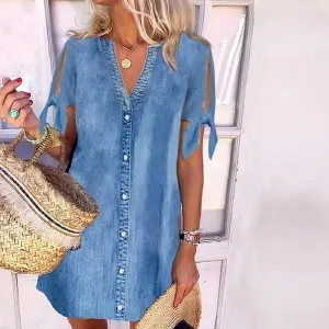 NEW Chambray V-Neck Button Front Split Sleeve Mini Dress, Sz S, Retails $115