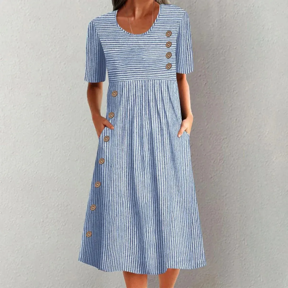 New ERTYM Blue Striped Short Sleeve Midi Dress sz M Retails $62 