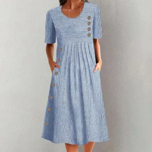 New ERTYM Blue Striped Short Sleeve Midi Dress sz M Retails $62 