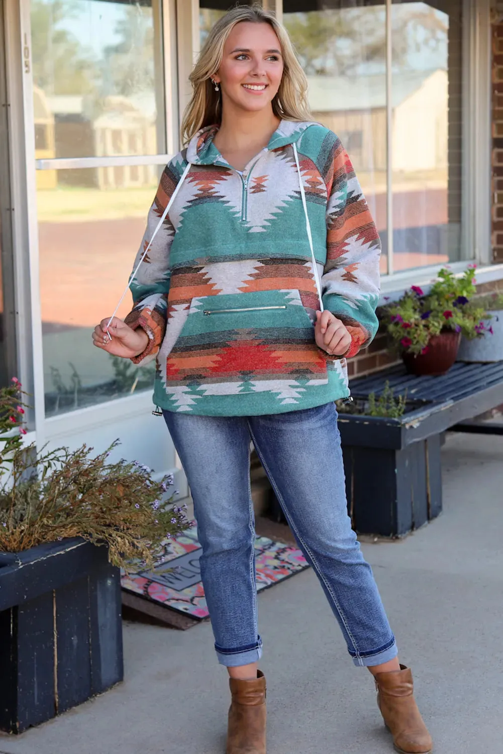 NEW Multicolor Aztec Print Zipped Split Neck Hoodie, Sz M, Retails $57