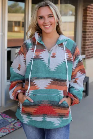 NEW Multicolor Aztec Print Zipped Split Neck Hoodie, Sz M, Retails $57