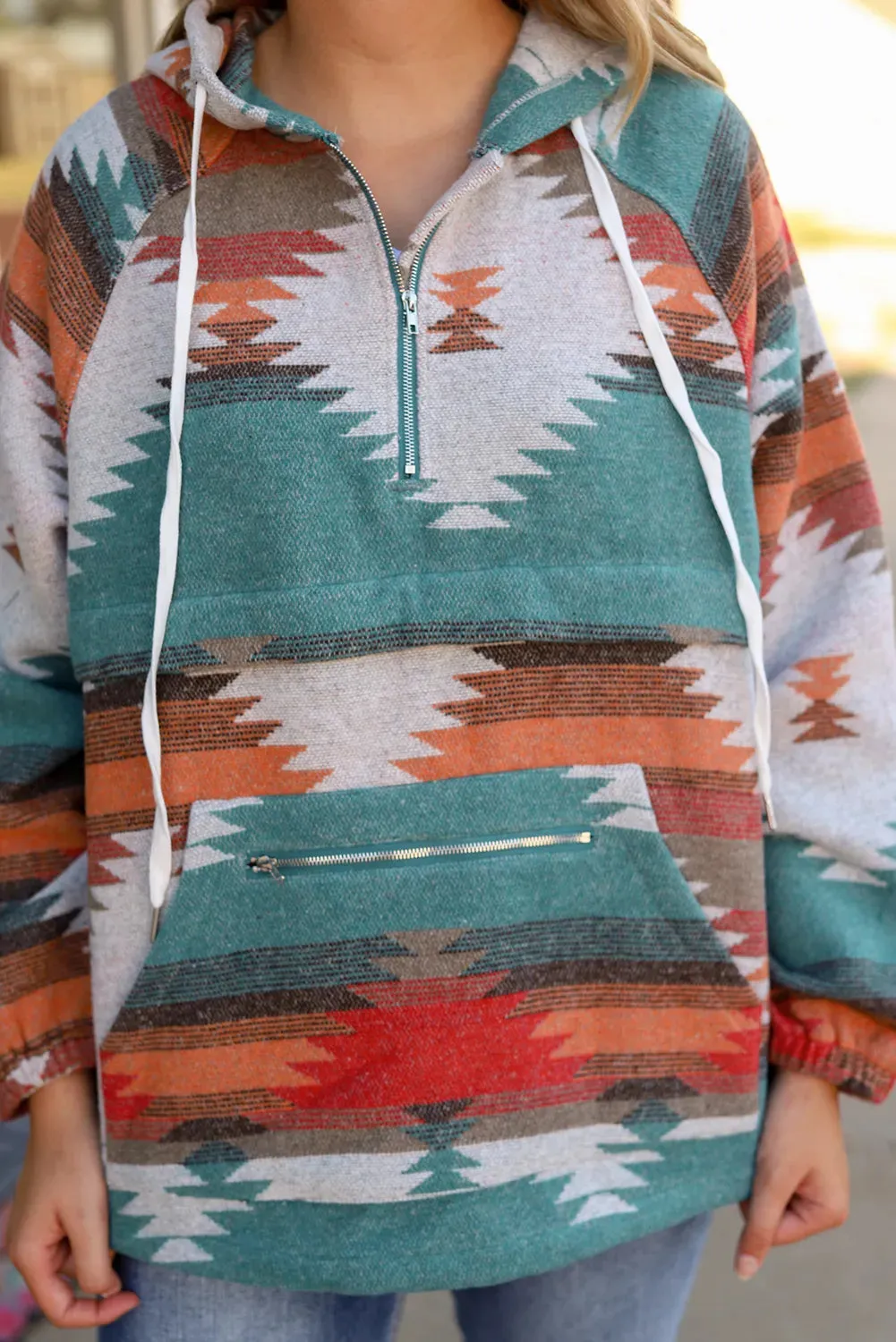 NEW Multicolor Aztec Print Zipped Split Neck Hoodie, Sz M, Retails $57