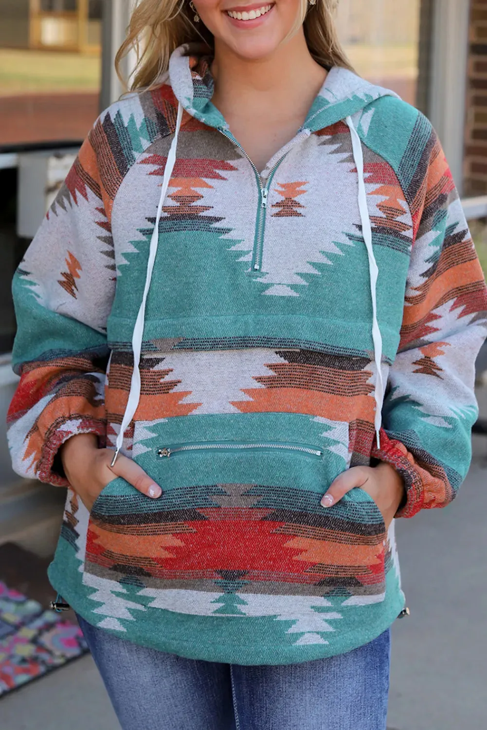 NEW Multicolor Aztec Print Zipped Split Neck Hoodie, Sz M, Retails $57